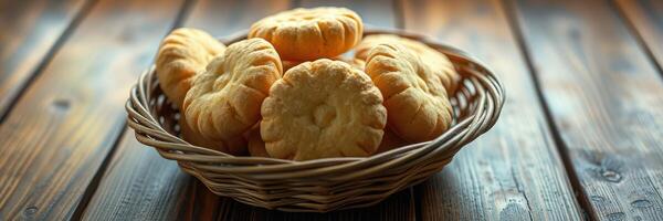 Freshly baked cookies arranged in a woven basket on a rustic wooden table photo