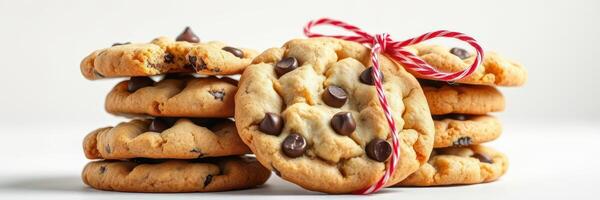 Delicious chocolate chip cookies stacked neatly with red and white ribbon on a simple background photo