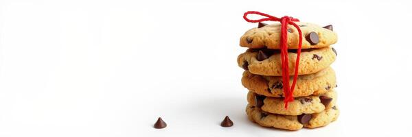 Stack of freshly baked chocolate chip cookies tied with a red ribbon on a white background photo