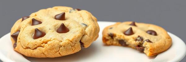 Delicious chocolate chip cookies on a plate with a bite taken out, showcasing an inviting dessert ready for enjoyment photo