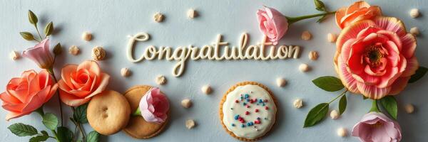 Celebration of achievement with cookies, flowers, and heartfelt congratulations in a decorative arrangement photo