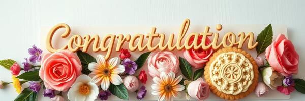 Celebratory arrangement featuring congratulatory message with flowers and a cookie for a special occasion photo