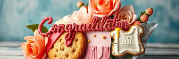 Beautiful floral arrangement celebrating achievement with cookies and a congratulatory message in a vibrant design photo