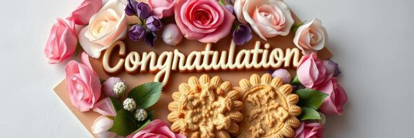 Decorated cookie arrangement featuring roses and a congratulatory message for a celebration photo