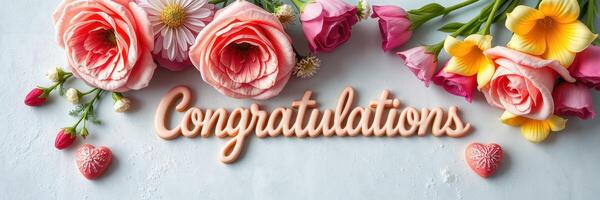 Colorful flowers and decorative text celebrate achievements with a festive atmosphere photo