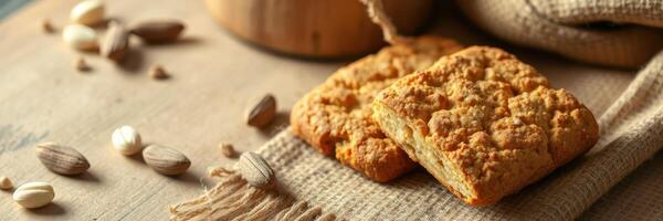 Crunchy almond cookies resting on a rustic wooden surface next to scattered nuts and burlap photo