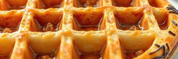 Delicious golden waffle drizzled with syrup served on a plate at a cozy breakfast setting photo