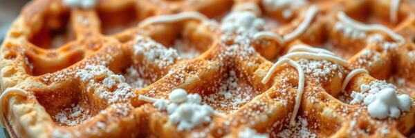 Delicious waffle topped with powdered sugar and icing presented on a rustic wooden table during brunch hours photo