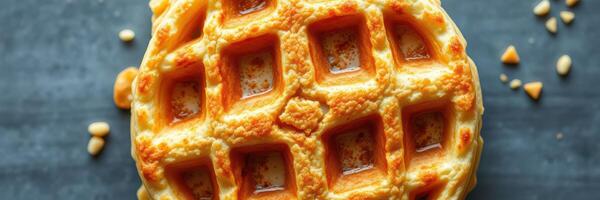 Crispy golden waffle served on a dark background with scattered nuts for a delightful breakfast experience photo