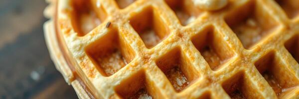 Deliciously golden waffle topped with syrup and butter on a wooden table photo