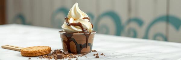 Indulgent dessert served in a cup with chocolate syrup and a cookie on a marble table in a cozy setting photo