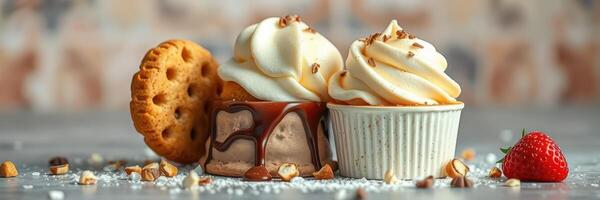 Delicious dessert featuring ice cream, whipped cream, cookie, and strawberry on a textured surface photo