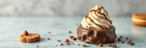 Delicious dessert featuring swirled cream and chocolate coating on a marble surface with cookie accents photo