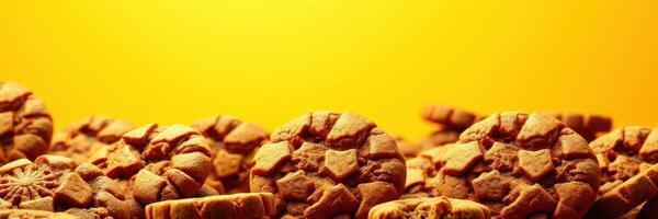 Freshly baked cookies piled on a vibrant yellow surface inviting indulgence and enjoyment in a warm kitchen setting photo