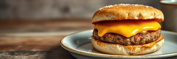 Delicious cheeseburger with melted cheese served on a plate photo