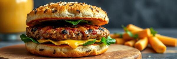 Juicy burger with cheddar cheese and fresh greens served with fries on a wooden board photo