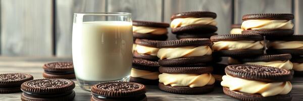 Enjoying cookies with milk in a cozy kitchen setting during afternoon relaxation photo