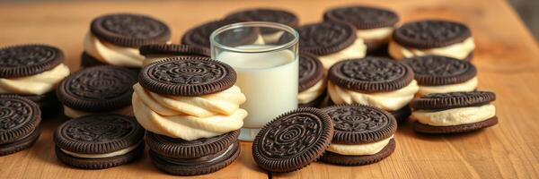 Delicious cookies displayed on a wooden surface with a glass of milk for a delightful snack time experience photo