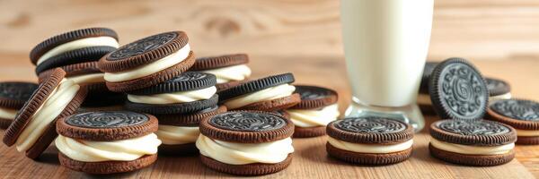 Cookies and milk create a delightful treat on a wooden kitchen table during afternoon snack time photo