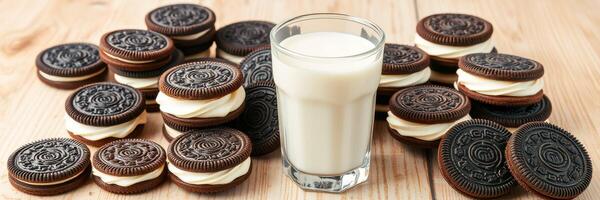 Enjoying cookies and milk on a wooden table surrounded by delicious treats photo
