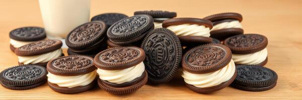Delicious cookies stacked high next to a glass of milk on a wooden table in a cozy kitchen setting photo