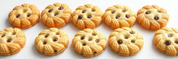 Assorted cookies arranged neatly on a white background with distinct patterns and chocolate chips for a sweet treat appeal photo