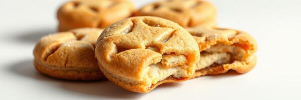 Deliciously crafted cookies displayed on a clean surface showcasing intricate designs and enticing filling photo