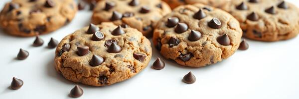 Delicious chocolate chip cookies arranged on a white surface ready for serving after baking in the kitchen photo