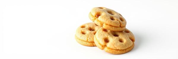 Three delicious and soft round cookies stacked against a white background photo
