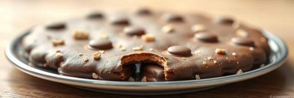 Delicious chocolate cookie with a rich coating and toppings on a plate at a cozy dining table photo