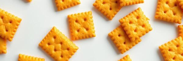 Colorful cheese crackers scattered on a white surface inviting tasty snacking moments at any gathering or event photo
