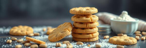 Delicious stack of freshly baked cookies with nuts and sugar on a dark wooden surface photo