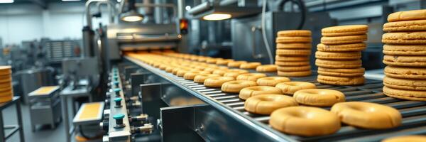 Cookies being produced on a conveyor belt in a bustling factory during daylight hours photo