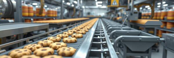 Cookies travel on a conveyor belt in a large factory setting during the production process photo
