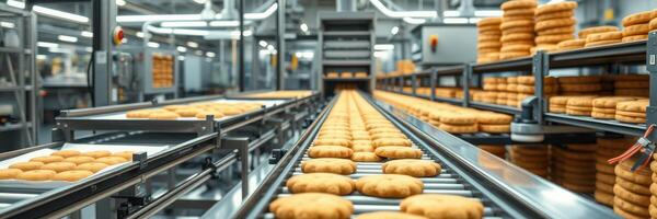 Cookie production line in an industrial facility showing baked goods moving on conveyor belts photo