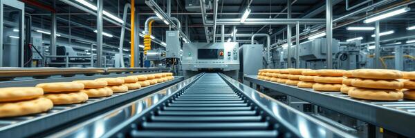 Conveyor belt transports freshly baked donuts in a modern industrial bakery setting photo
