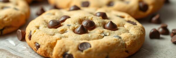 Freshly baked chocolate chip cookies cooling on a baking sheet in a cozy kitchen setting photo