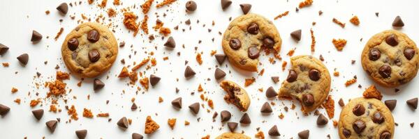 Cookies with chocolate chips and crumbs scattered on a white surface photo