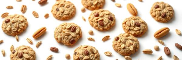 Crunchy oat cookies arranged beautifully with scattered nuts on a light background photo