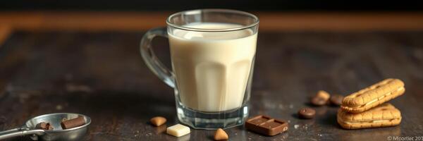 Creamy beverage served in glass with chocolate treats and cookies on rustic wooden table photo