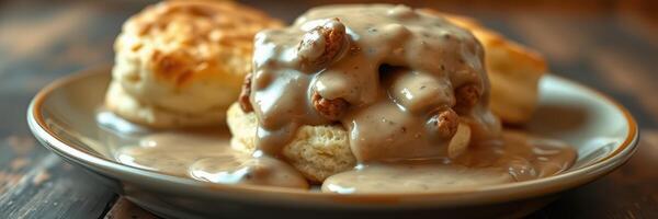 Savory biscuits topped with rich sausage gravy on a rustic wooden table in a cozy kitchen setting photo