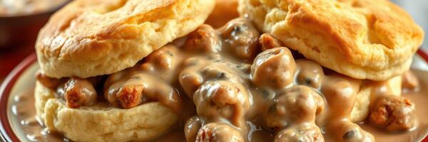 Delicious homemade biscuits topped with creamy sausage gravy served at a cozy diner for a hearty breakfast photo