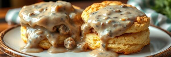 Delicious homemade biscuits with creamy sausage gravy served on a plate in a cozy kitchen setting photo