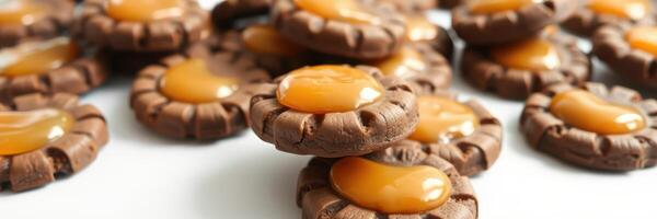 Delightful chocolate cookies topped with rich caramel sauce perfect for dessert anytime photo