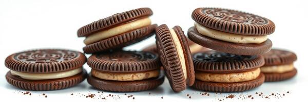 Delightful chocolate sandwich cookies stacked on a white surface showcasing their creamy filling and rich texture photo