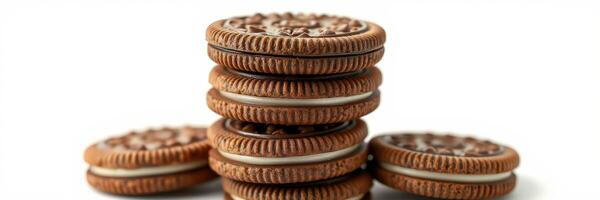 Delicious chocolate sandwich cookies stacked on a white surface ready for enjoyment photo