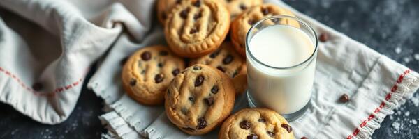Freshly baked chocolate chip cookies served with a glass of milk on a textured surface photo
