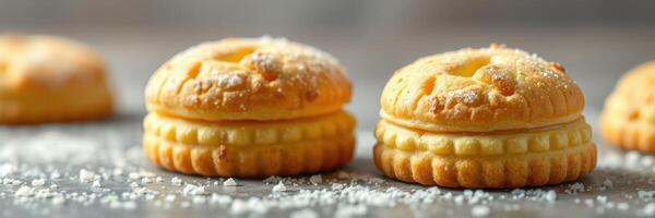 Delicious freshly baked cookies with powdered sugar on a rustic wooden surface photo
