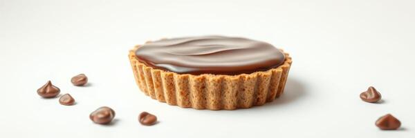 Delicious chocolate tart with a crumbly crust displayed on a clean surface photo