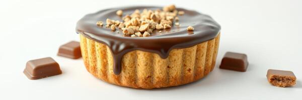 Delightful chocolate tart topped with crunchy nuts, served with chocolate pieces on a clean white surface photo
